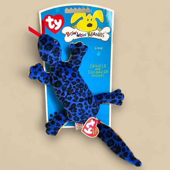 Ty Bow Wow Beanies Lizzy Lizard Dog Toy Crinkle Squeaker Blue Speckled NEW 2006 - Picture 1 of 5